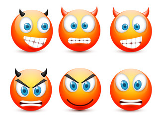 Smiley with blue eyes,emoticon set. Yellow face with emotions. Facial expression. 3d realistic emoji. Sad,happy,angry faces.Funny cartoon character.Mood.Vector illustration.