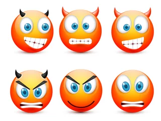 Fotobehang Smiley with blue eyes,emoticon set. Yellow face with emotions. Facial expression. 3d realistic emoji. Sad,happy,angry faces.Funny cartoon character.Mood.Vector illustration. © 32 pixels