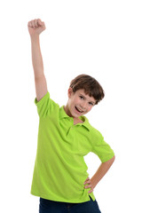 boy smiling and raising fist in the air white background