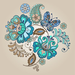 Fantastic floral ornament with decorative butterflies. Vintage flowers ornament in blue colors