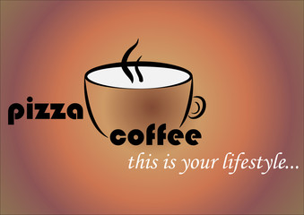A coffee mug with the words pizza and coffee. Advertising logo for a coffee house and pizzeria.Vector illustration.