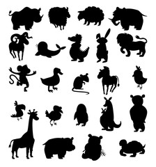 set of black silhouettes of different animals on a white background. vector illustration