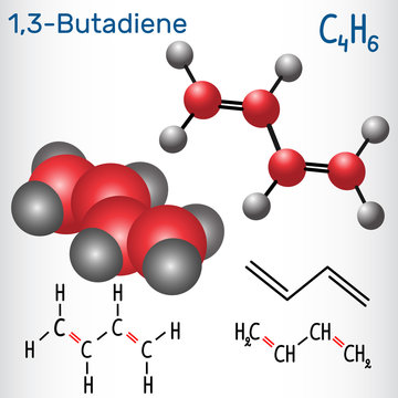 1,3-Butadiene (divinyl) molecule - structural chemical formula and model. Used in the production of synthetic rubber