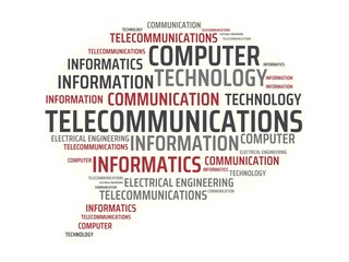 TELECOMMUNICATIONS - image with words associated with the topic COMMUNICATION TECHNOLOGY, word, image, illustration