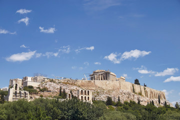 Athens Greece, ancient temple on acropolis hill, view from the south