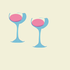 Bar minimalistic poster template with a space for copy or text. Two wine coupe glasses or speakeasy coupette glasses with Manhattan cocktail made in a watercolor stamp imitation style.