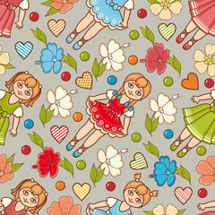 Fototapeta na wymiar Little Ballerina and Flower. Cartoon style. Seamless pattern. Baby Doll. 