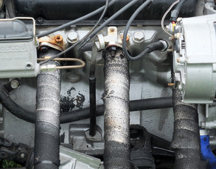 details of vintage custom hotrod engine in close up
