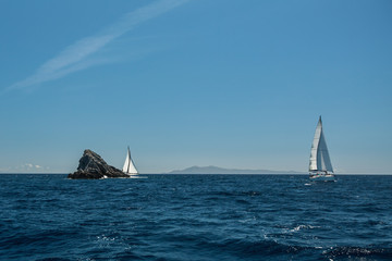 Sailing in the wind through the waves at Sea. Luxury yachts at Regatta.