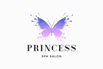Label of beauty salon with colorful red-pink butterfly and text Princess, Spa Salon. Emblem template for branding, design elements. Sign, label, identity, badge for business brand. Vector Illustration
