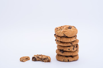 chocolate chip cookies on white background, stack