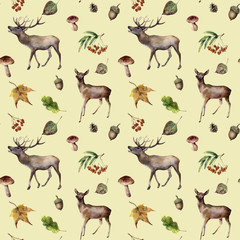 Naklejka premium Watercolor autumn forest pattern. Hand painted seamless ornament with deers, rowan, mushrooms, acorn, fall leaves isolated on pastel background. Wild nature illustration for fabric, design.