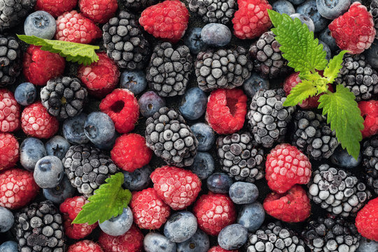 Assorted frozen berries of raspberries, blueberries and blackberries