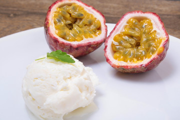 Milk ice cream with Passion fruit topping