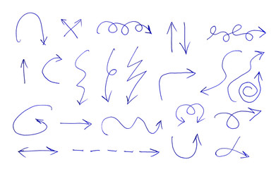 Pattern of blue pen strokes. Various shapes on white background.