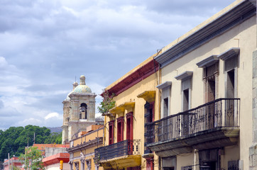 Fototapeta na wymiar Colonial Street with Church in Puebla