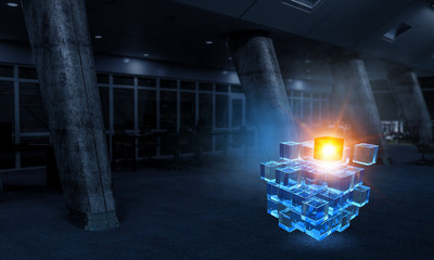 Cube in modern office. Mixed media