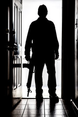 Intruder at door, in silhouette with AR-15 style shotgun