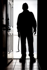 Intruder at door, in silhouette with crowbar.