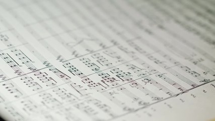 Close up of philharmony orchestra conductor's sheet music. Indoor. No people