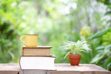 Yellow mug and notebooks with plant at outdoor