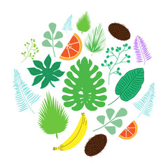 Set of tropical leaves and fruits icons in circle