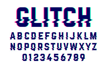 Trendy style distorted glitch typeface. Letters and numbers 
