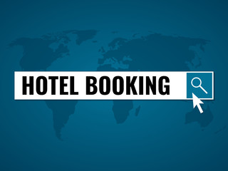hotel booking, text in search box over world map outline
