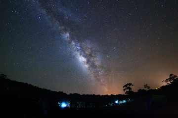 milky way galaxy and silhouette of tree with cloud at Phu Hin Rong Kla National Park,Phitsanulok Thailand