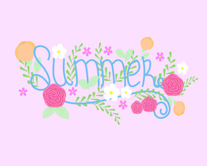 Summer text decorated with flowers and leaves on light pink background.