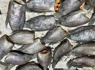 sunny Trichogaster pectoralis fish sunning on the threshing basket. A food preserve to keep eating next day.