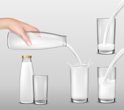 Set of vector realistic illustrations, hand holding a glass bottle of milk, dairy product, yogurt, kefir and pouring it into drinking glasses. Print, template, design element