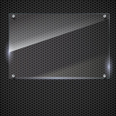 glass frame with steel rivets. Glass framework, 3D illustration. Transparent glass frame on on the metal mash background.