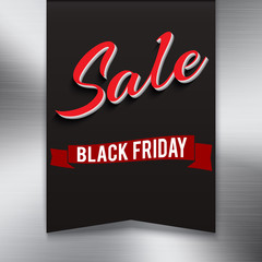 Black friday sale banner on metal background. Symbol of sales, Black Friday, in the shape pennant. Promotional posters for your business offers, advertising shopping flyers, 3D illustration