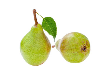 Two ripe, sweet, green pears with leaf. Isolated on white