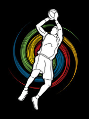 Basketball player jumping and prepare shooting a ball designed on spin wheel graphic vector