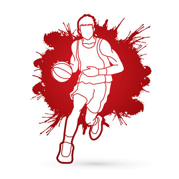 Basketball player running front view designed on splatter blood background graphic vector