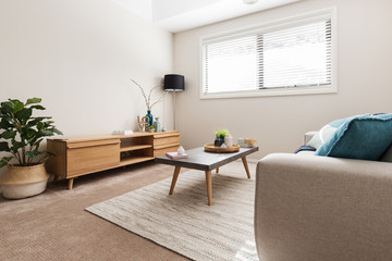 Scandi styled living room with low buffet and indoor plant