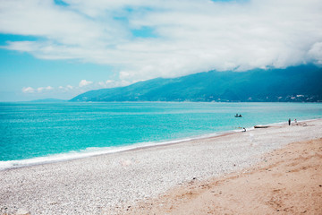 Fototapeta premium Sea beach blue sky sunny day landscape of relaxation.