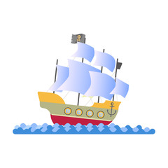 Obraz premium Ancient pirate ship with white sails and black flag