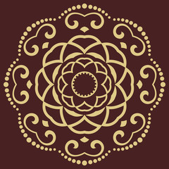 Oriental round golden pattern with arabesques and floral elements. Traditional classic ornament. Vintage pattern with arabesques