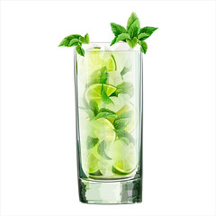 Watercolor  illustration of  alcoholic cocktail. Classic mojito. Lime, mint leaf, ice