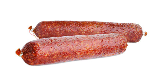 Dry salami sausage sticks isolated on white