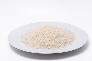 white rice, natural long rice grain for background and texture on white background
