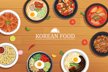 korean food on a wooden table background. Vector illustration top view.