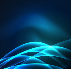 Energy lines, glowing waves in the dark, vector abstract background