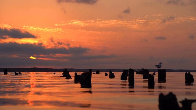 Colorful sky and water in lake Paliastomi in morning