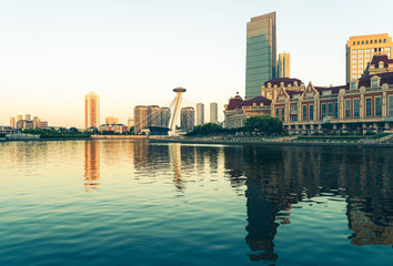 Fototapeta na wymiar twilight view of waterfront downtown skyline,Tianjin,China.