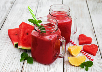 Jars with watermelon smoothie