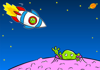 Außerirdischer winkt einem anderen in einem Raumschiff © antimartina